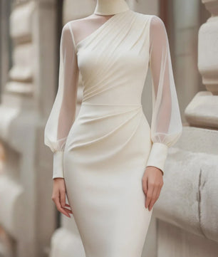 Dames Elegante Mesh Jurk met Col en Ruches - Midi Lengte
