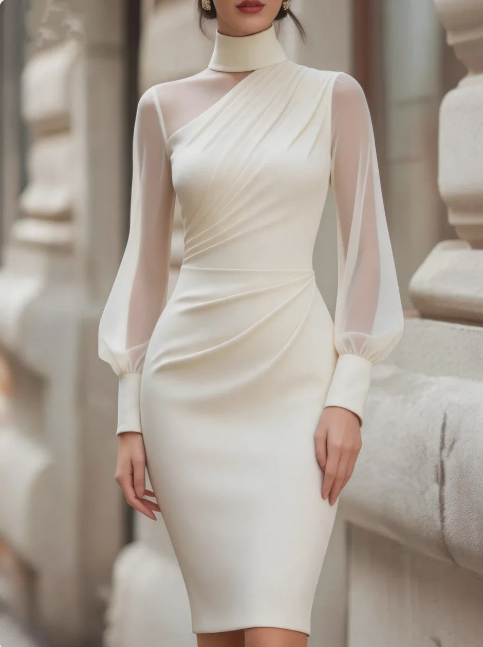Dames Elegante Mesh Jurk met Col en Ruches - Midi Lengte
