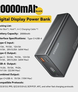 Essager Powerbank 20000mAh PD 65W Fast Charge - Draagbare Externe Batterij voor Telefoons & Laptops