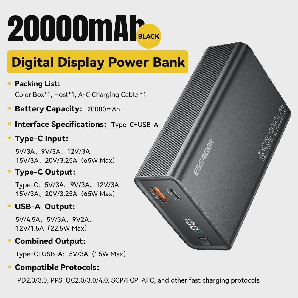 Essager Powerbank 20000mAh PD 65W Fast Charge - Draagbare Externe Batterij voor Telefoons & Laptops