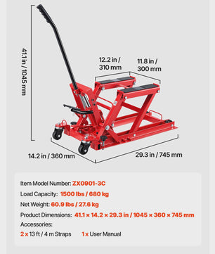 Hydraulische Motorlift Krik 1100/1500 lbs - Voetbediend & 6 Wielen - Voor Motoren & Crossmotoren