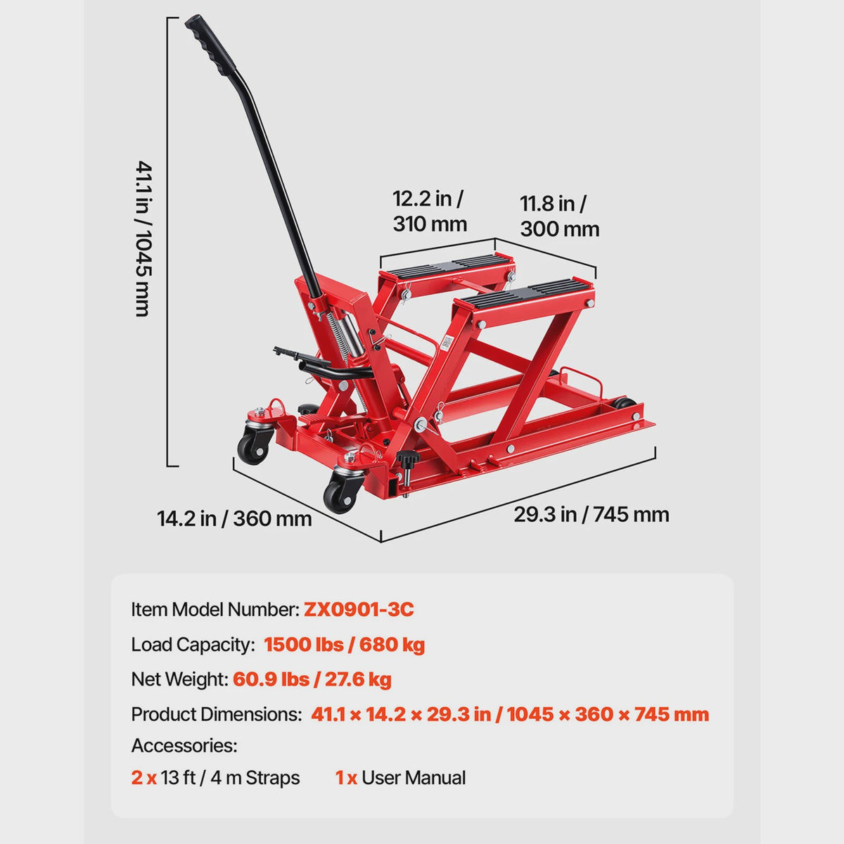 Hydraulische Motorlift Krik 1100/1500 lbs - Voetbediend & 6 Wielen - Voor Motoren & Crossmotoren