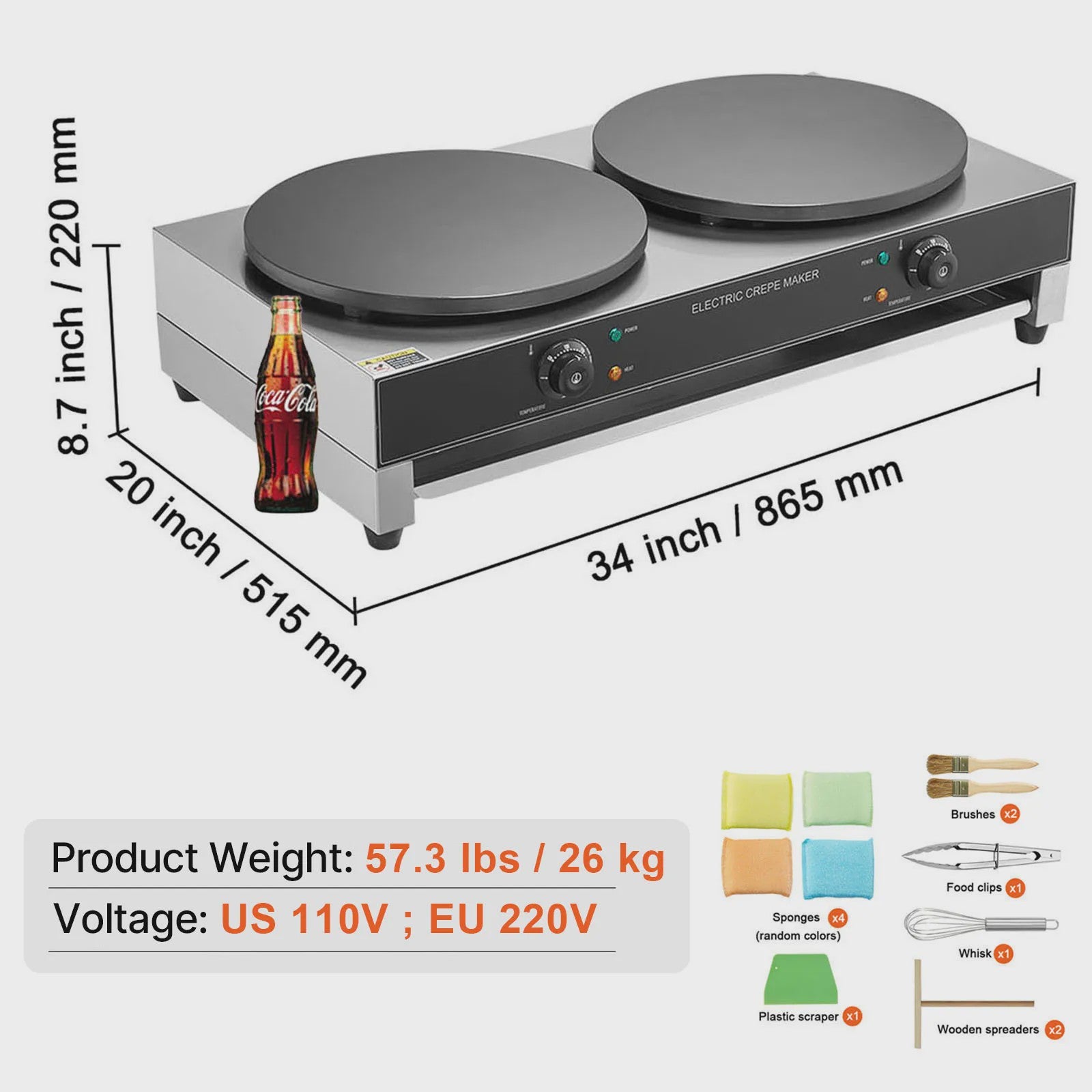 Professionele Dubbelkoppige Crêpemaker 16 inch - 3400W Antiaanbaklaag