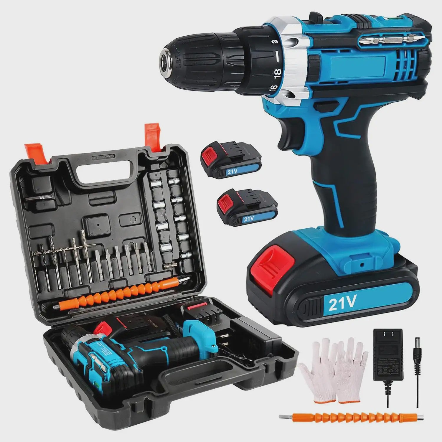 21V Accuboormachine met 45Nm Koppel - Draadloze Schroef- en Klopboormachine met Lithium-Ion Batterij