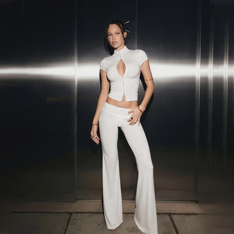 Modieus 2-delig damespak met korte mouwen en sexy uitsnijding - Casual straatstijl outfit