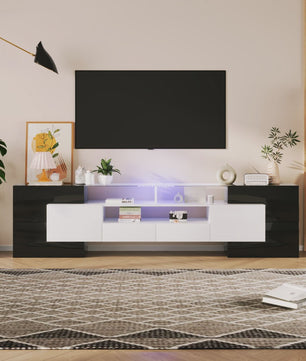 Modern TV meubel 200cm hoogglans wit met LED verlichting en glazen blad