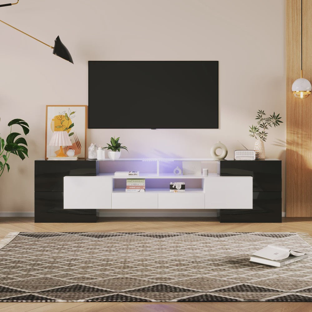 Modern TV meubel 200cm hoogglans wit met LED verlichting en glazen blad