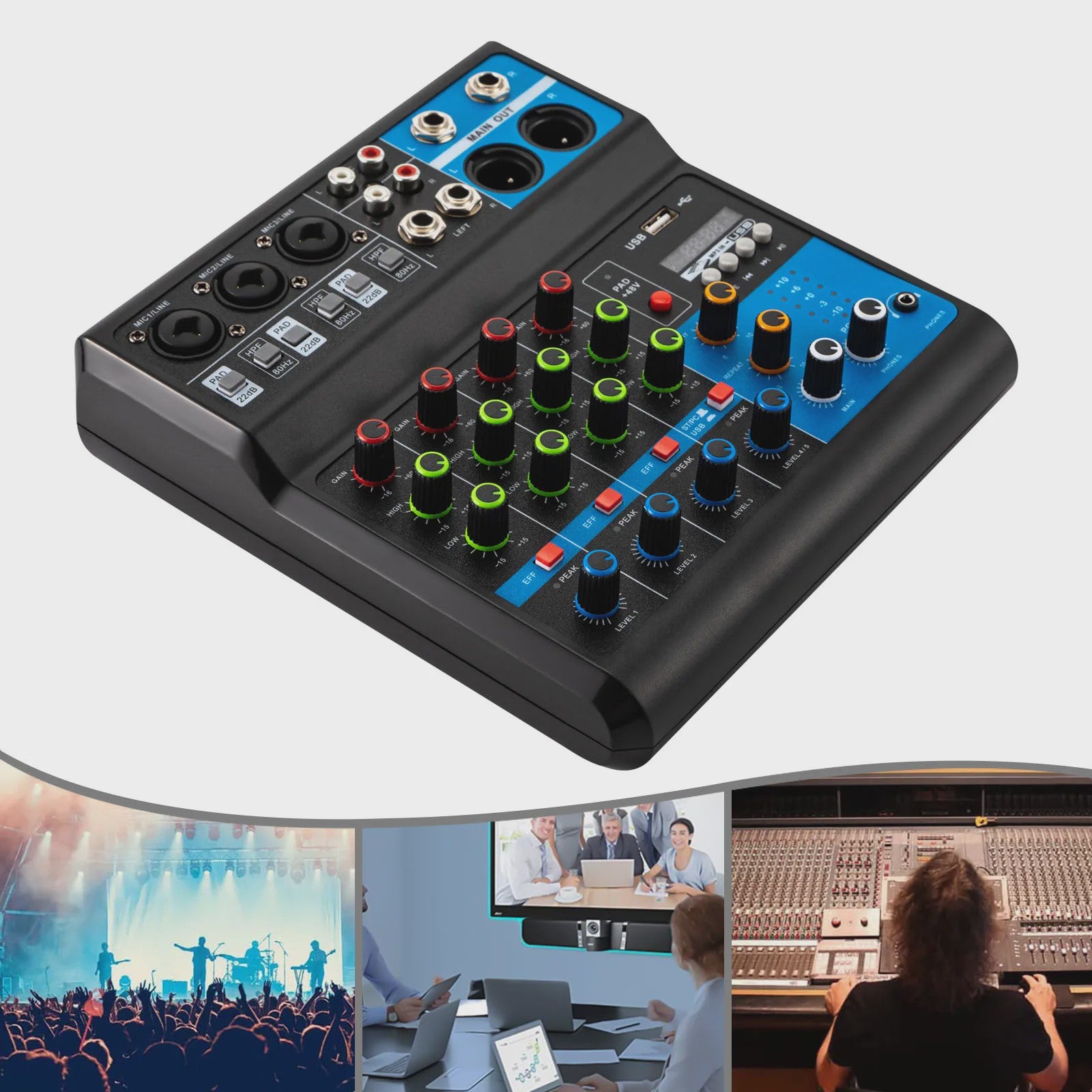 5-Kanaals Audio Mixer met 48V Fantoomvoeding, Bluetooth 5.0 & USB - Professionele Geluidskaart voor Streaming & KTV