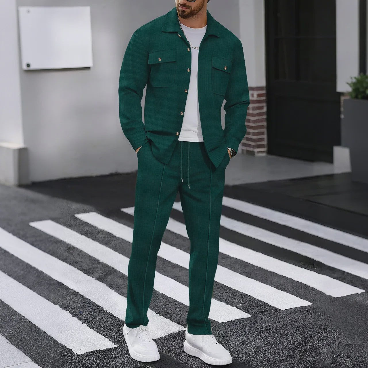 Heren Wafelruit Set: Stijlvol Casual & Zakelijk Jack met Lange Broek