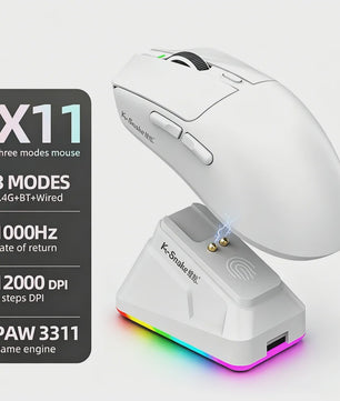 K.Snake X11 Tri-Mode Gaming Muis: 12000 DPI, RGB & Magnetische Oplaadbasis - Draadloos, Bluetooth, 2.4G, Bedraad