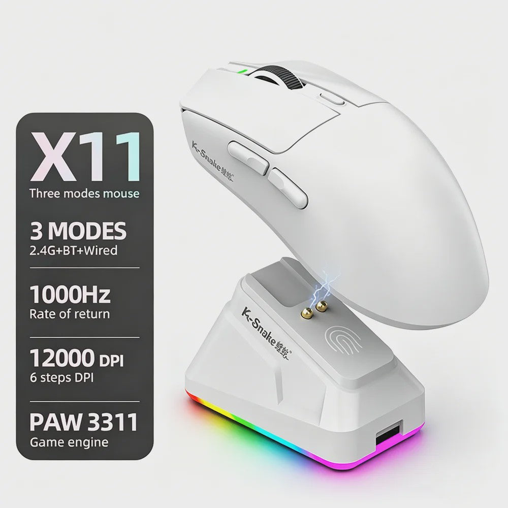 K.Snake X11 Tri-Mode Gaming Muis: 12000 DPI, RGB & Magnetische Oplaadbasis - Draadloos, Bluetooth, 2.4G, Bedraad