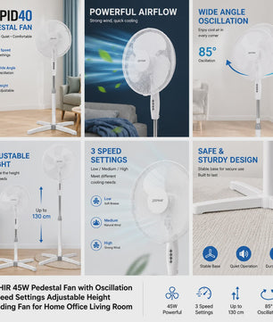 Zephir 40cm Staande Ventilator - 45W, 3 Snelheden, Verstelbare Hoogte tot 130cm, Oscillerend