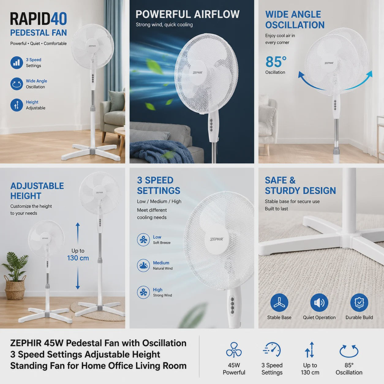 Zephir 40cm Staande Ventilator - 45W, 3 Snelheden, Verstelbare Hoogte tot 130cm, Oscillerend