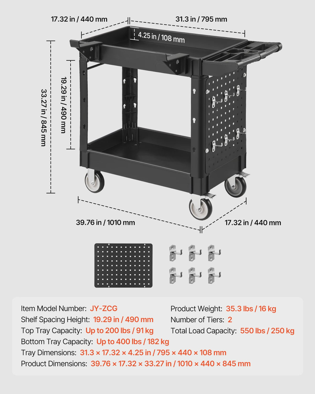 Robuuste Werkplaatswagen met 2 etages, 250 kg draagvermogen en pegboard