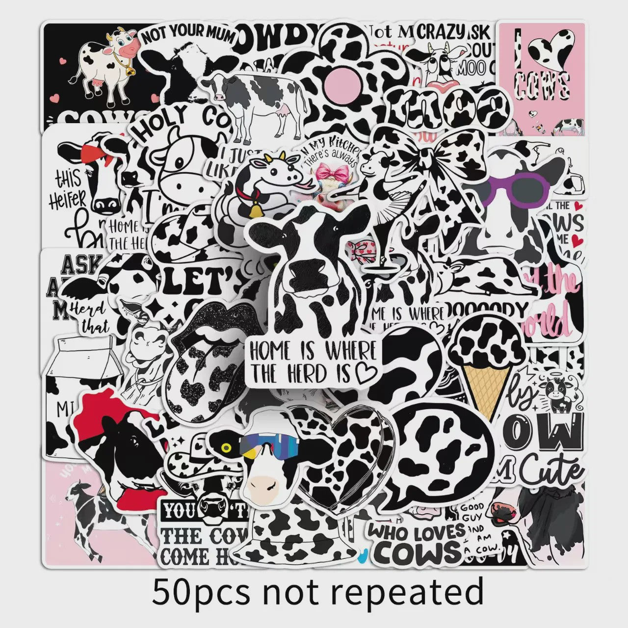 50x Trendy Cartoon Koe Stickers - Zwart-Wit Dierenprint Decals voor Telefoon, Tablet & Boxen