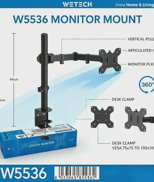 WETECH W5536 Monitor Arm: Verstelbare Desk Mount voor 15-33 Inch Schermen, 8kg Belasting, VESA 75/100, 360° Rotatie