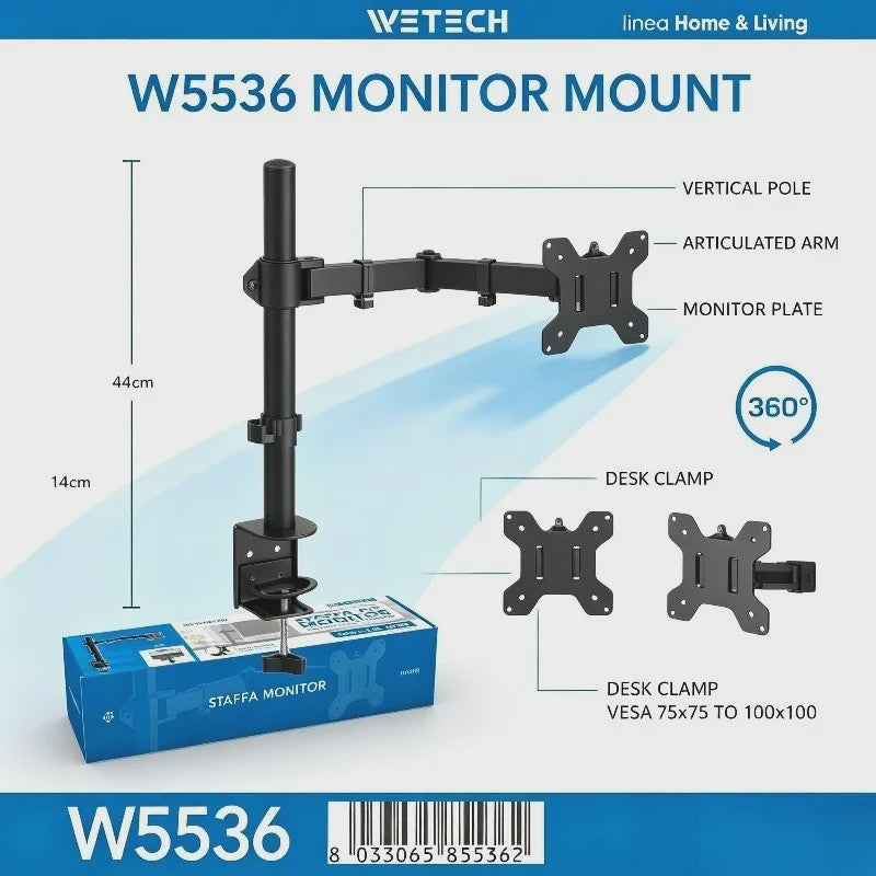 WETECH W5536 Monitor Arm: Verstelbare Desk Mount voor 15-33 Inch Schermen, 8kg Belasting, VESA 75/100, 360° Rotatie