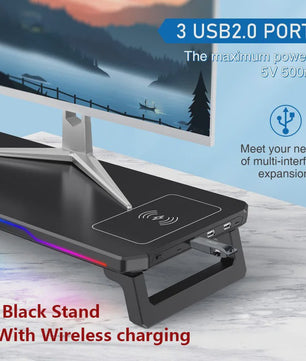 RGB Monitorstandaard met Draadloze Oplader en USB Hub