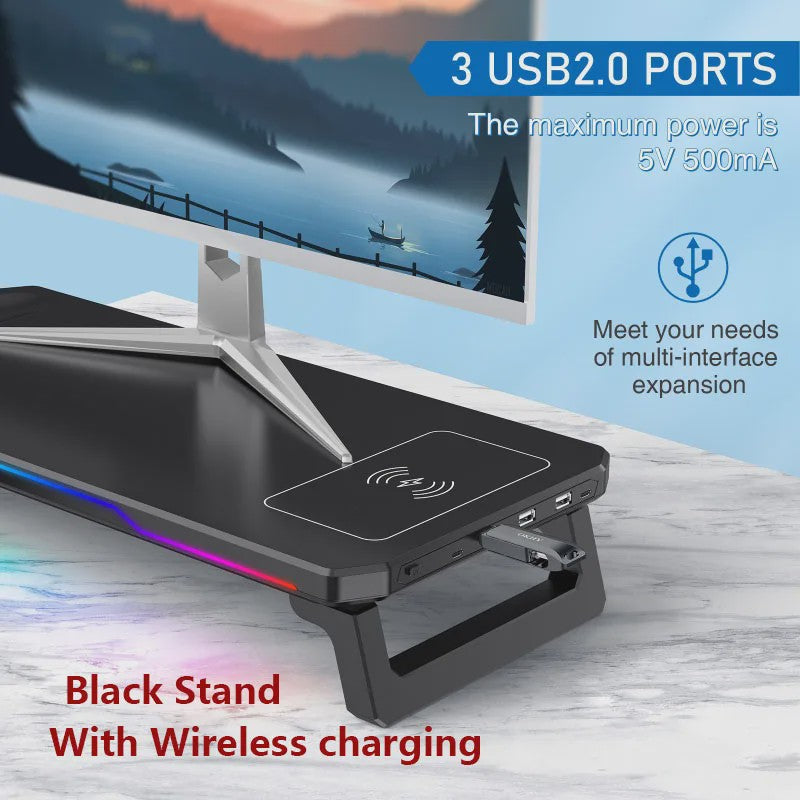 RGB Monitorstandaard met Draadloze Oplader en USB Hub