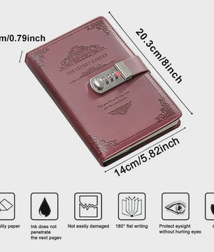 A5 PU Leder Dagboek met Cijferslot - Rood Vintage Notitieboek voor Geheimen & Cadeaus