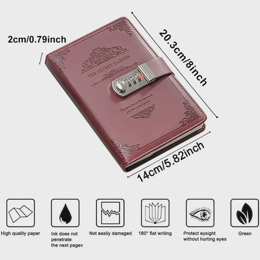 A5 PU Leder Dagboek met Cijferslot - Rood Vintage Notitieboek voor Geheimen & Cadeaus