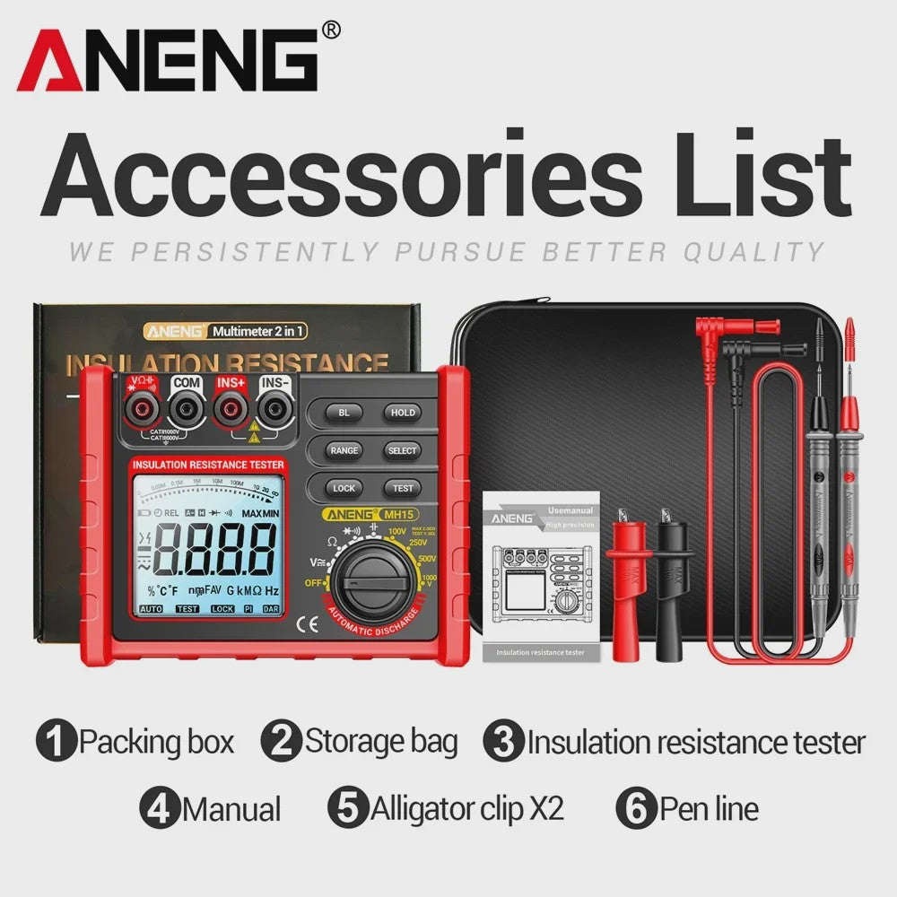 ANENG MH15 Digitale Isolatiemeter - 6000 Counts Weerstandsmeter met 100V/250V/500V/1000V Testspanning