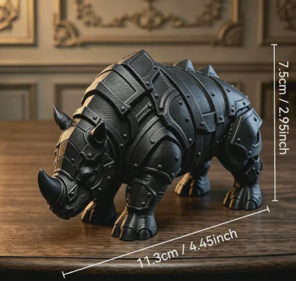 3D Geprinte Gepantserde Neushoorn Figuur - Middeleeuwse Rivet Punk Sculptuur