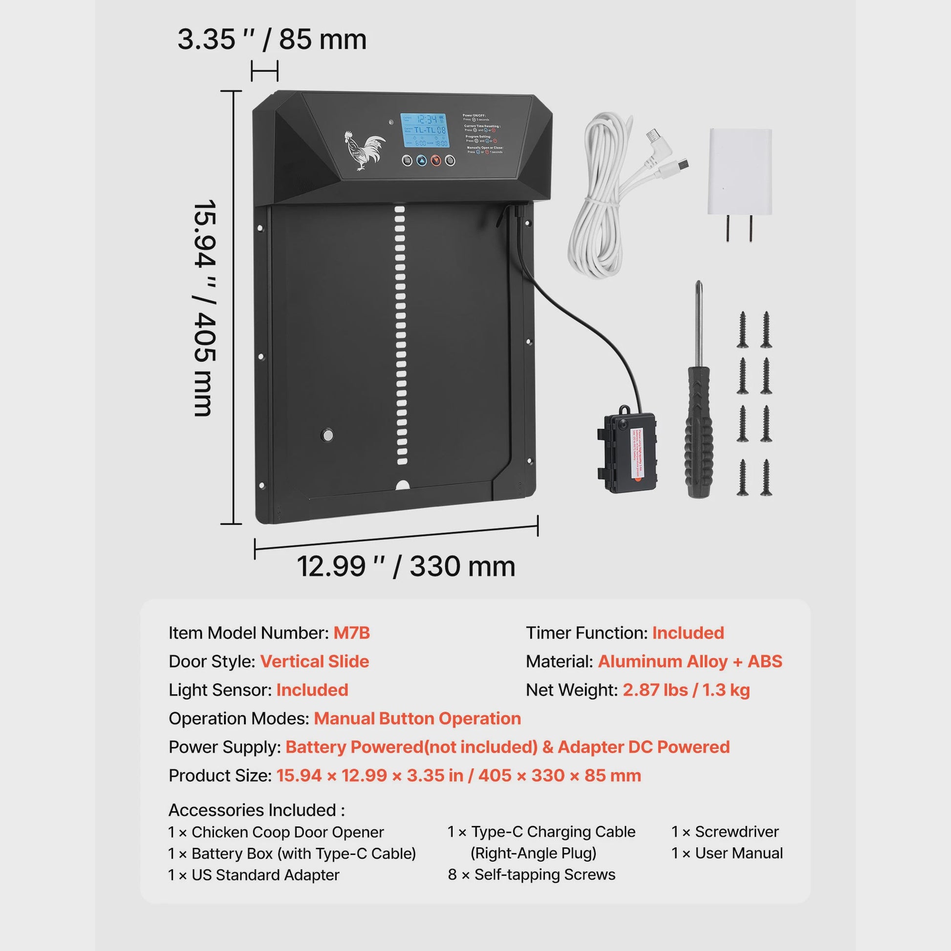 Automatische Kippenhok Deur met LCD Display, Timer & Lichtsensor - Batterijgevoed, Anti-Knevel