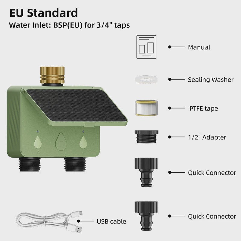 Slimme WiFi Tuinsproeier Timer - 2 Zones, Zonne-energie & App Bediening