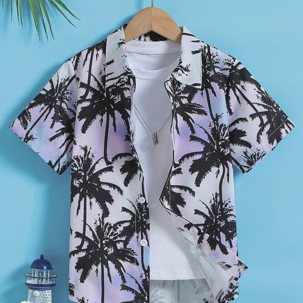 Kinder Hawaii Blouse Korte Mouw met Palmbomen Print - Perfect voor Vakantie en Buitenplezier