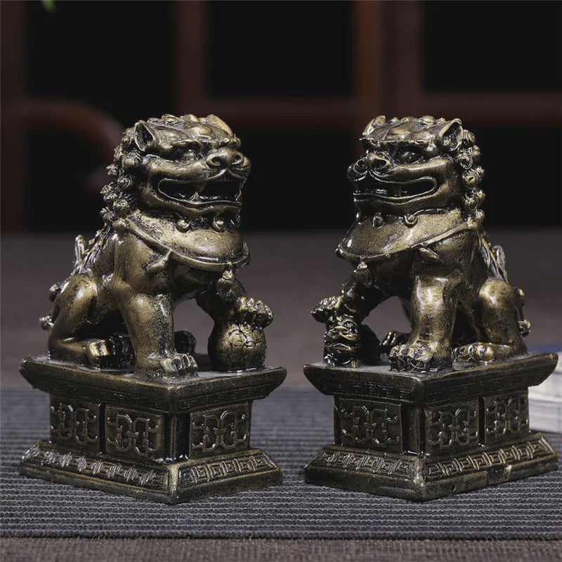 Set van 2 Chinese Leeuwen Beelden - Fu Dogs - Brons & Jade Steen Look