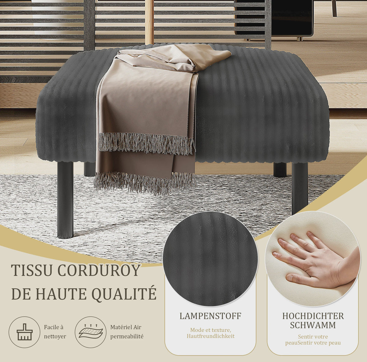 Corduroy 2-zitsbank met hoge rugleuning, zijvak en metalen poten - 120x75x79 cm