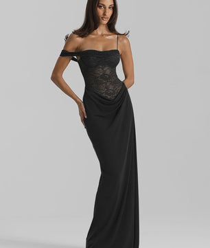 Chique Bruine Maxi Jurk met Kant en Off-Shoulder Design - Sexy Avondjurk