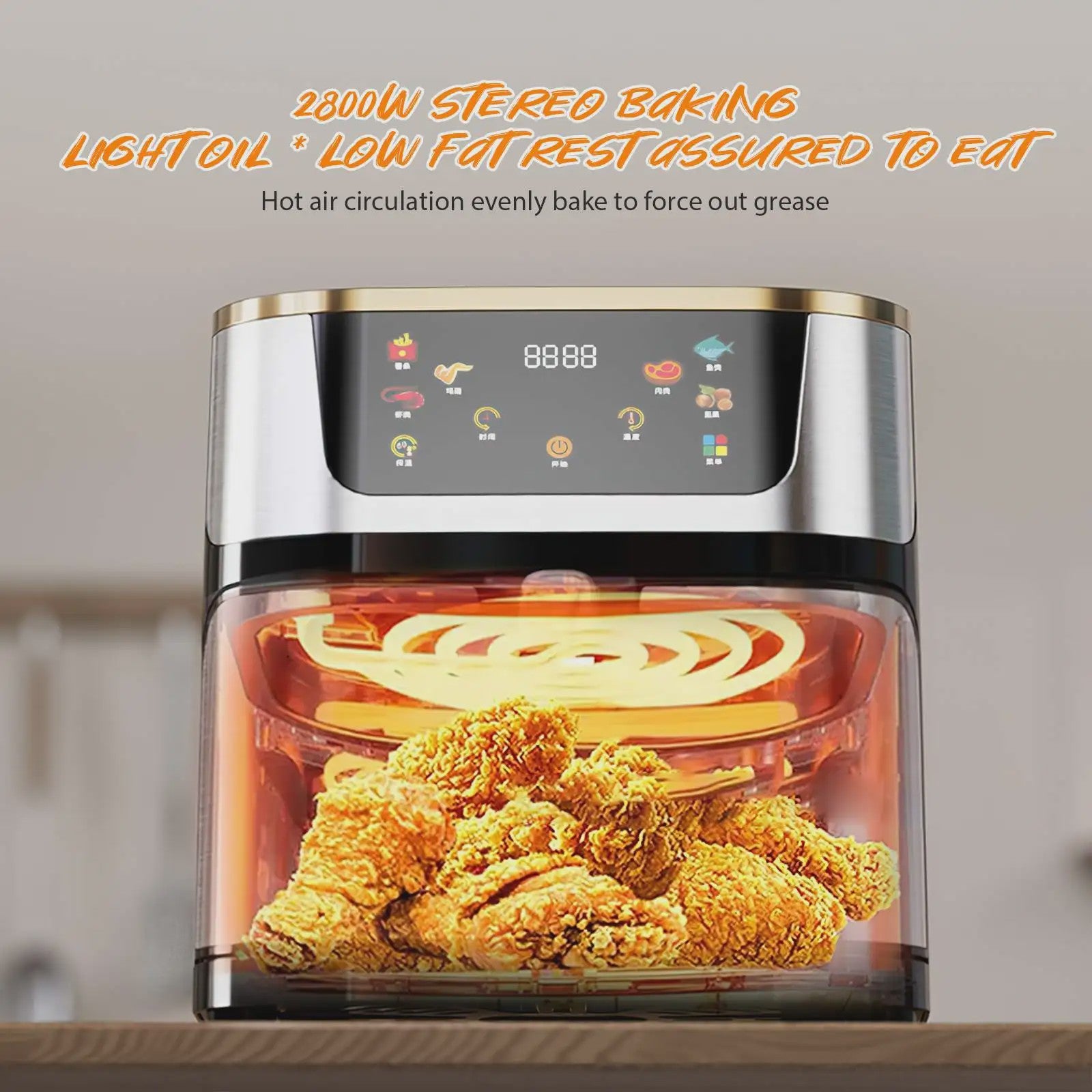 Krachtige Airfryer Oven 8L met 2800W, LED Touchscreen en Groot Visueel Venster