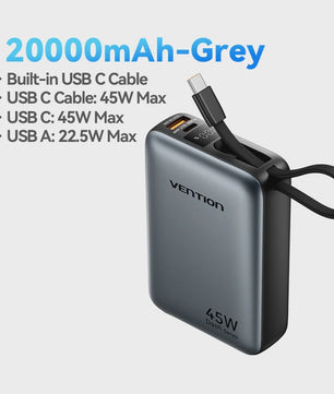 Vention 45W 20000mAh Powerbank - Snelladen voor iPhone, Samsung & Xiaomi