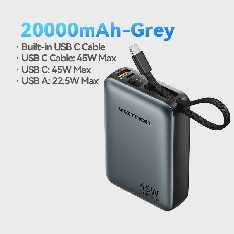 Vention 45W 20000mAh Powerbank - Snelladen voor iPhone, Samsung & Xiaomi