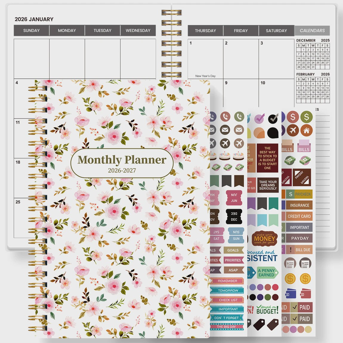 Bloemen A5 Planner 2026-2027: Week & Maand Overzicht, Spiraalbinding, Notities & Agenda
