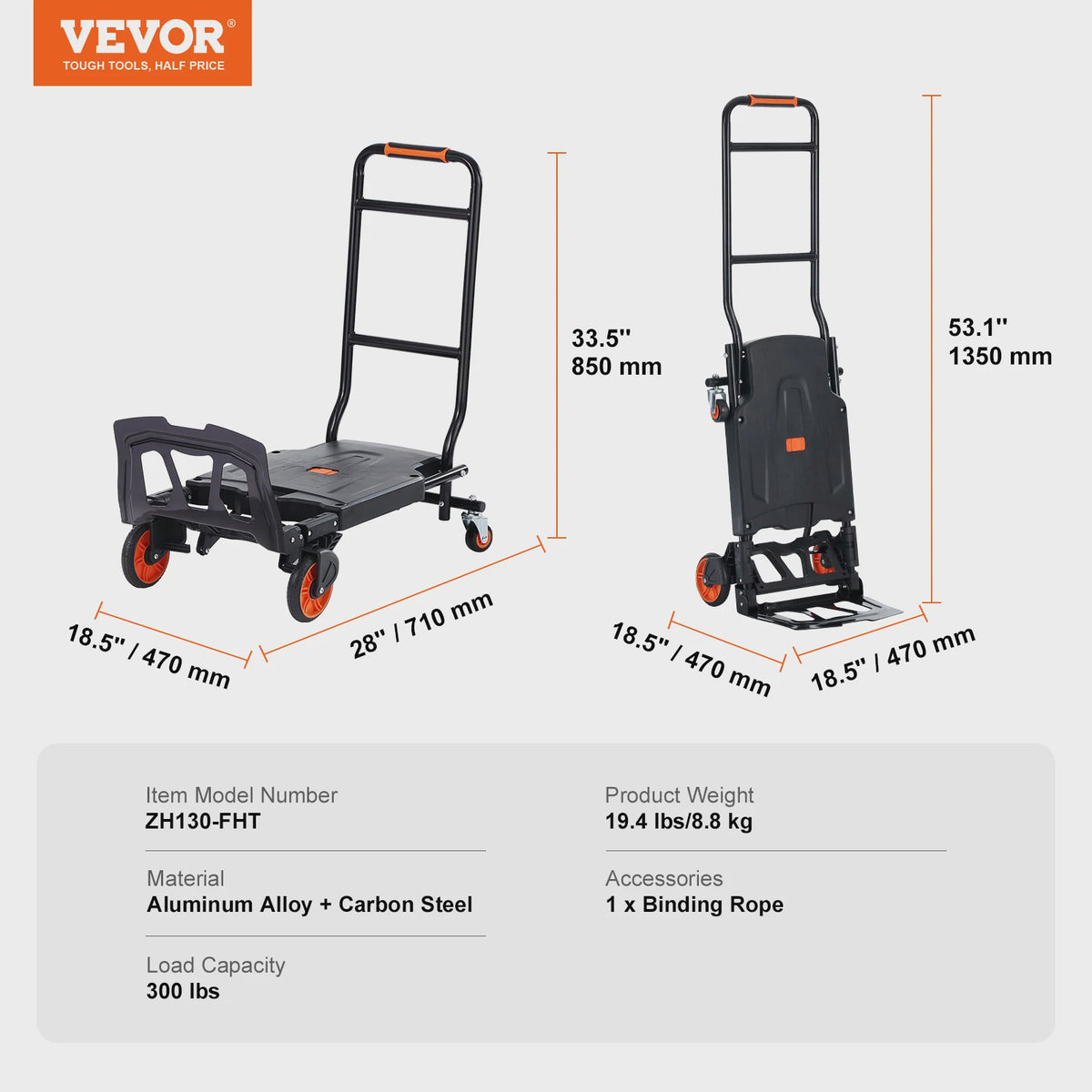 Opvouwbare Handkar Aluminium - 136 kg Laadvermogen - Draagbare Transportkar