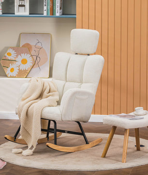 Comfortabele Teddy Pluche Schommelstoel met Armleuningen en Hoofdsteun - Beige