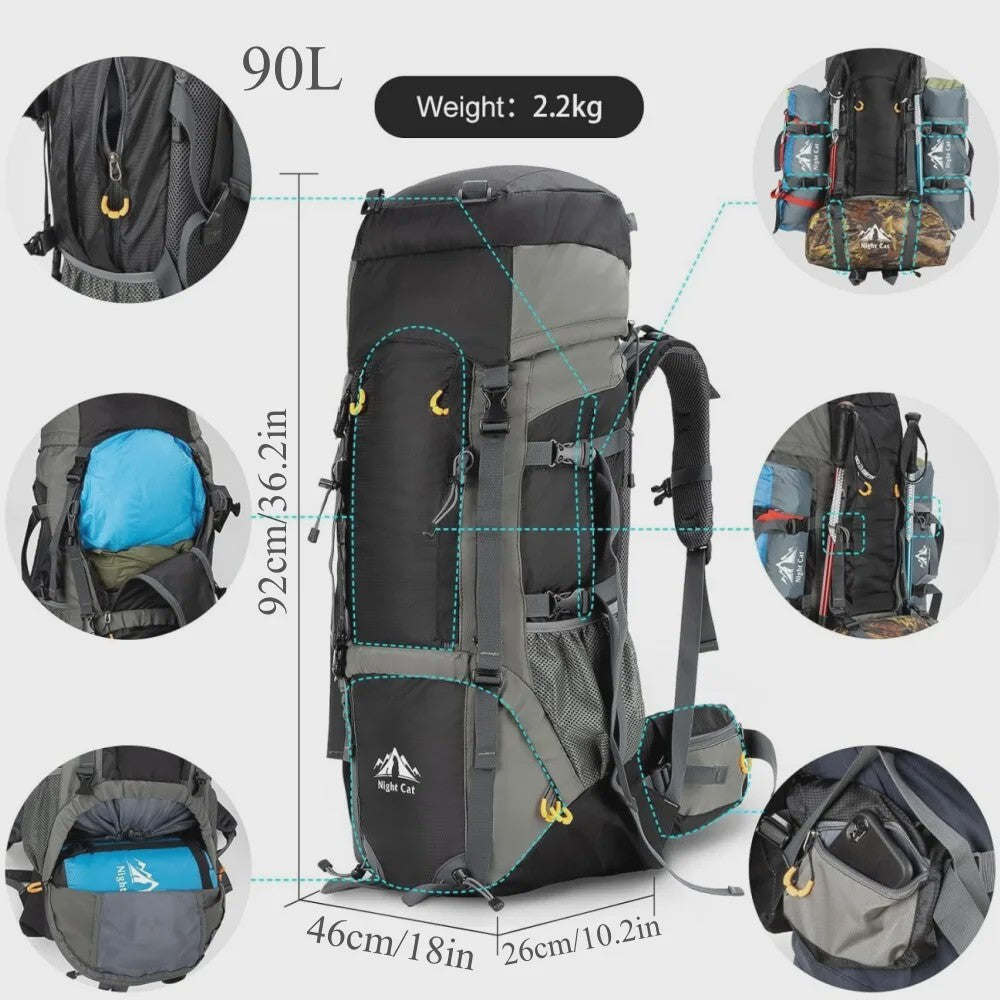 Night Cat Kampeerrugzak 70L/90L - Waterdicht, Lichtgewicht & Ademend - Outdoor Rugzak voor Wandelen & Reizen