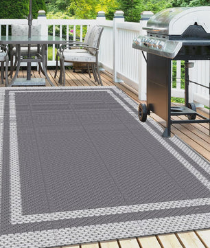 Outdoor Mat 6x9 ft met Grondpennen - Duurzaam PP, Grijs/Wit, voor Tuin, Camping & Strand