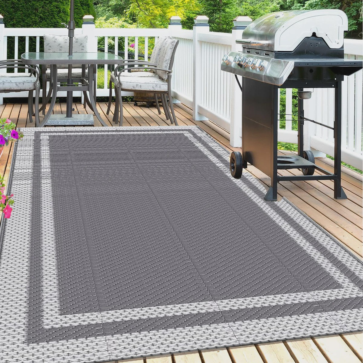 Outdoor Mat 6x9 ft met Grondpennen - Duurzaam PP, Grijs/Wit, voor Tuin, Camping & Strand