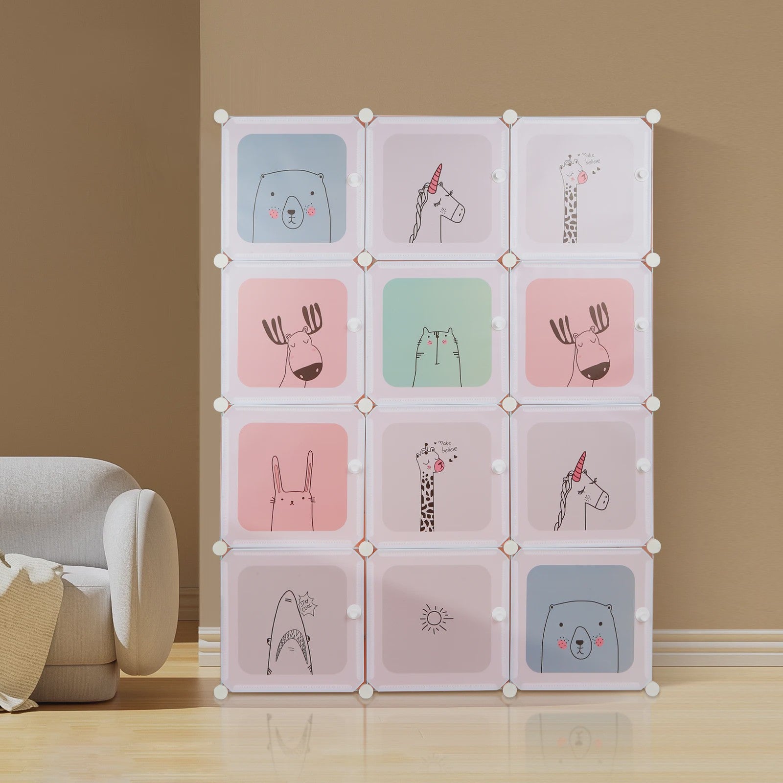 Modulair Kinderkastje met 12 Roze/Blauwe Kubussen en Dierenprints