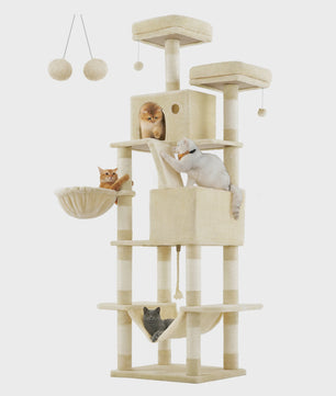 XXL Krabpaal 206 cm hoog - Grote kattenboom met 13 krabpalen, 2 holtes, hangmat & ballen