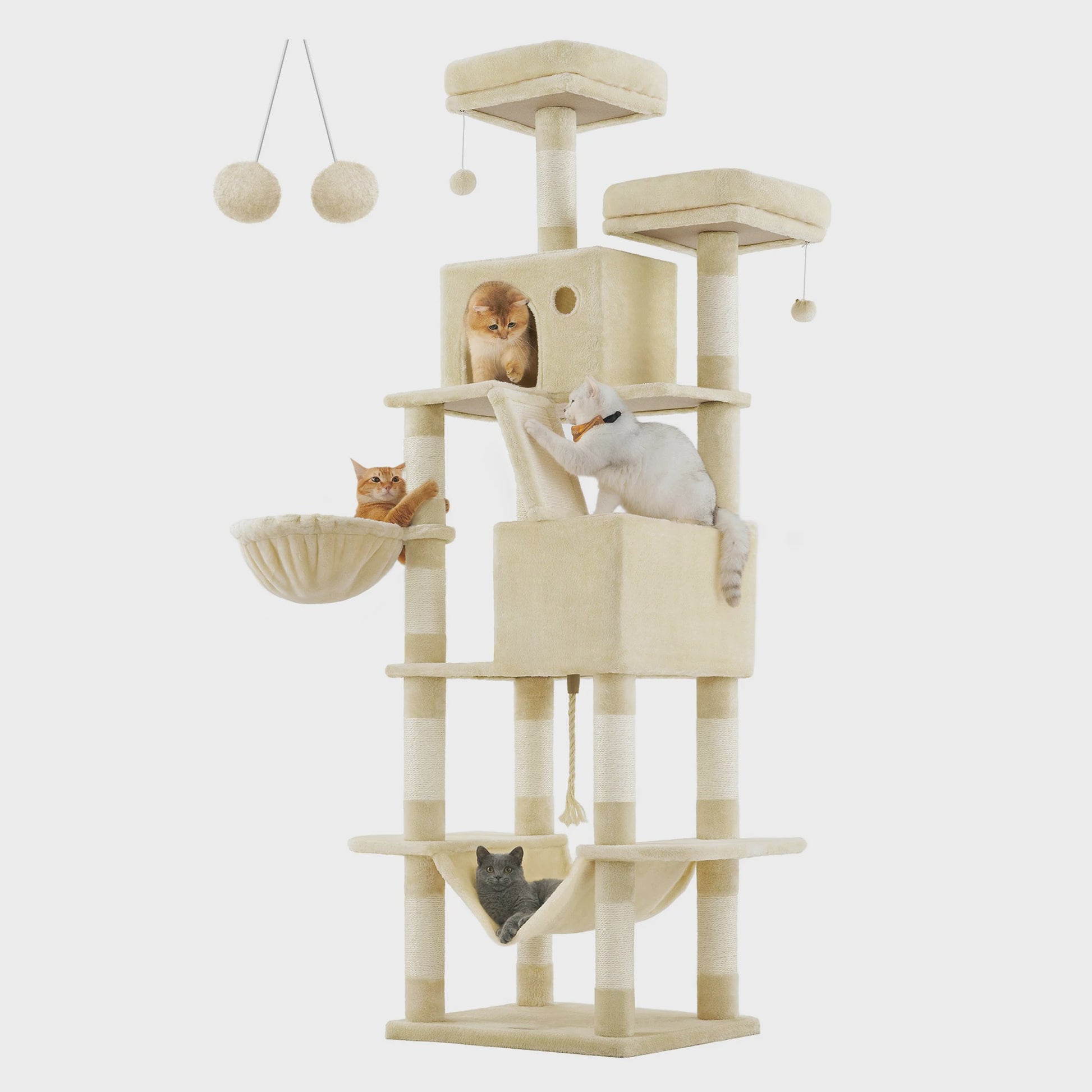 XXL Krabpaal 206 cm hoog - Grote kattenboom met 13 krabpalen, 2 holtes, hangmat & ballen