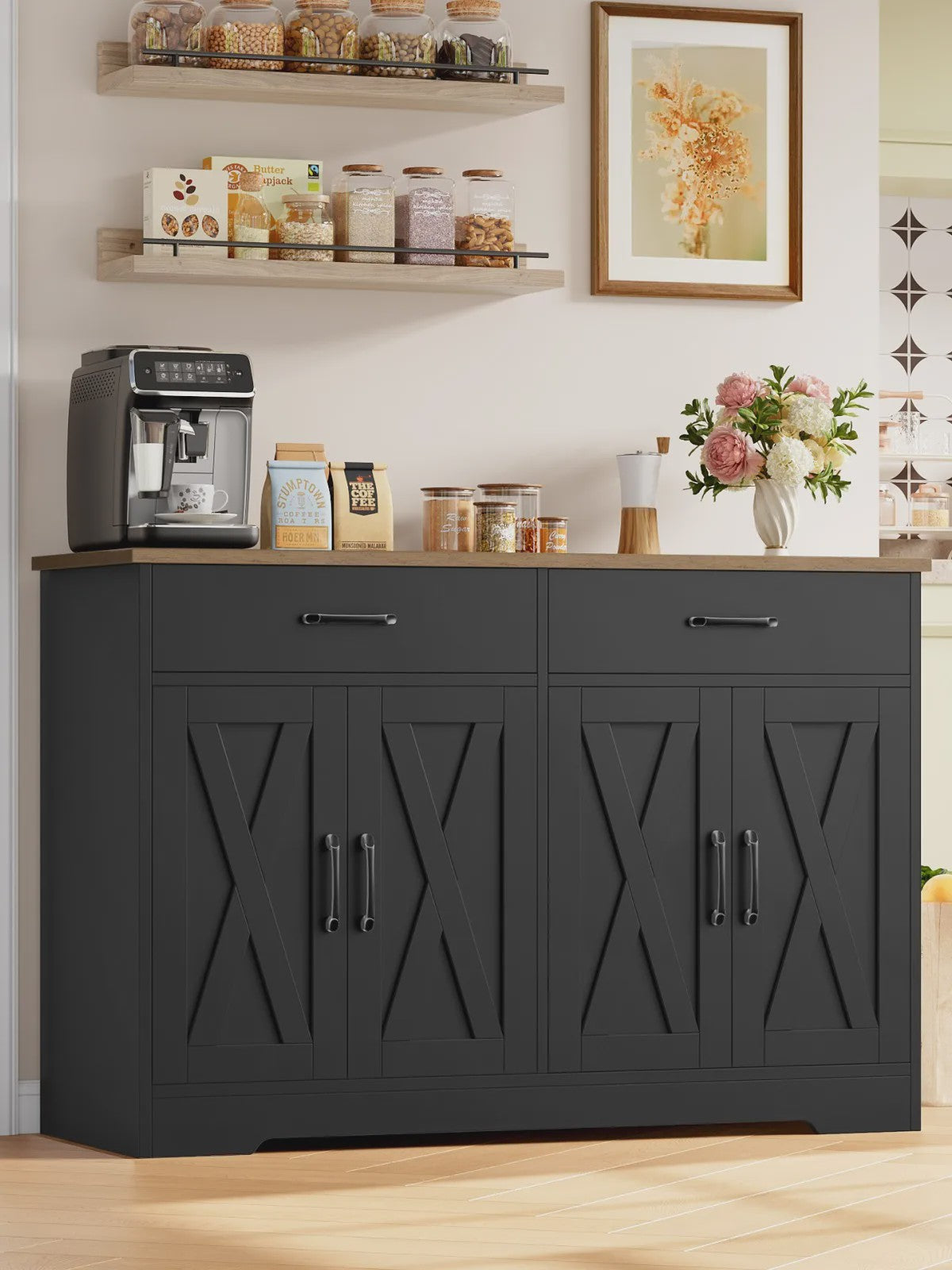 Zwarte Sideboard Kast met 2 Lades en 4 Deuren - 120cm Breed
