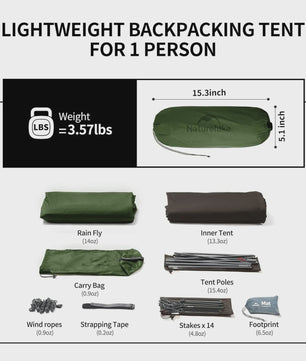 Naturehike Cloud Up Pro 1-Persoons Lichtgewicht Trekking Tent - Waterdicht & Eenvoudig Op te Zetten