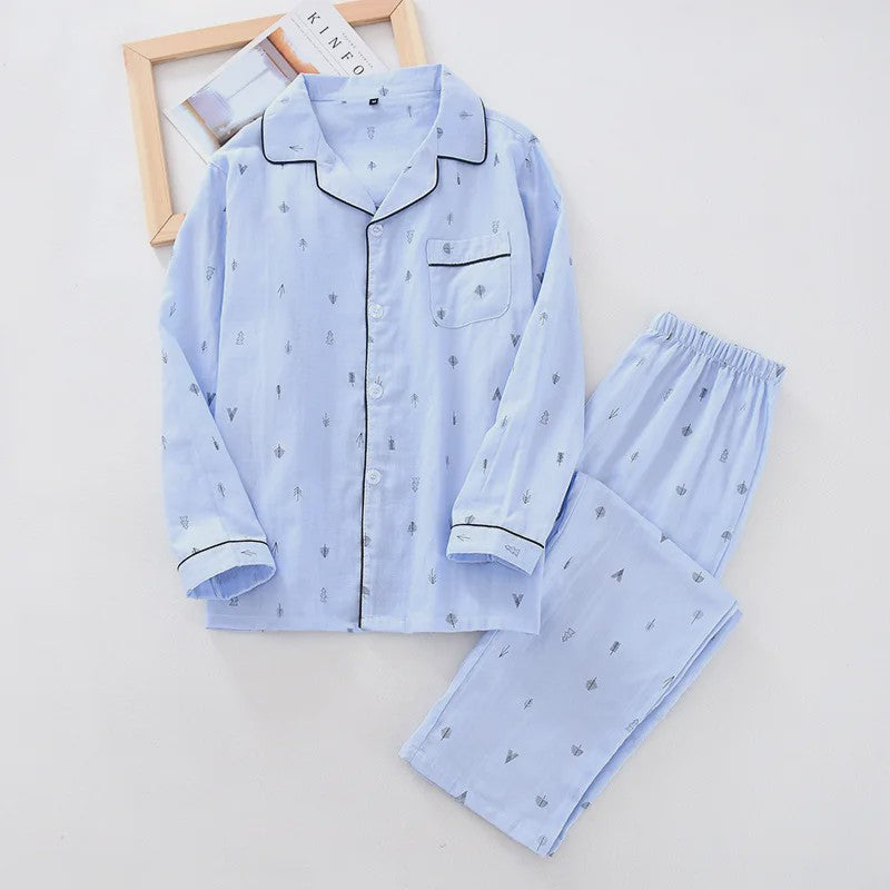 Heren Pyjama Set van 100% Katoen Gauze - Korte Mouw & Print - Comfortabele Homewear voor Zomer