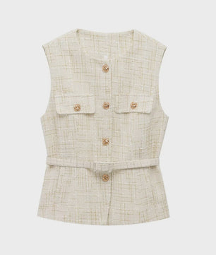 Chic Dames Gilet van Tweed met Riem - Mouwloos & Stijlvol Bovenstuk