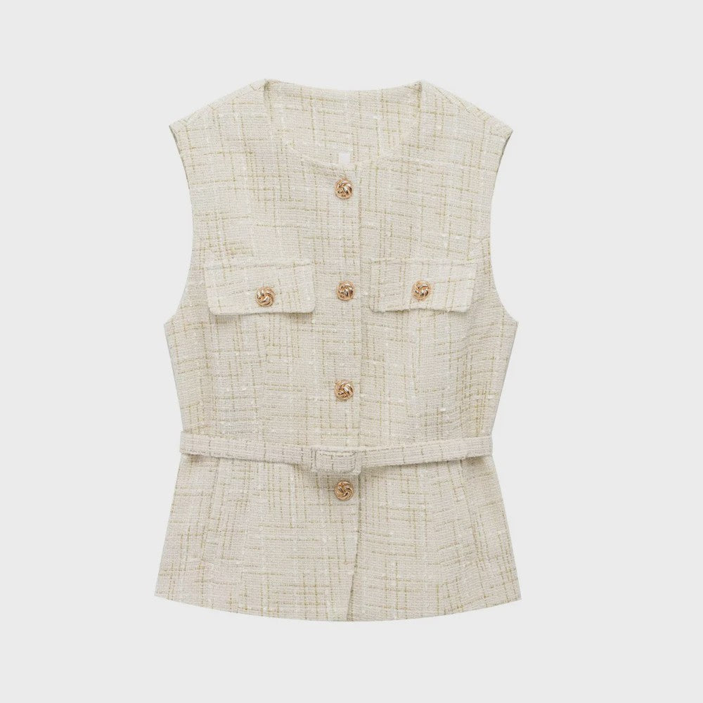 Chic Dames Gilet van Tweed met Riem - Mouwloos & Stijlvol Bovenstuk